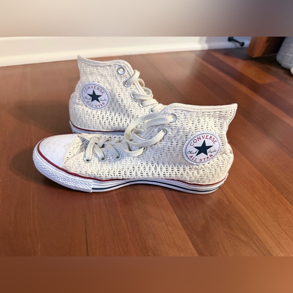 Cream Woven High-Top Converse Sneakers - Picture 4 of 10
